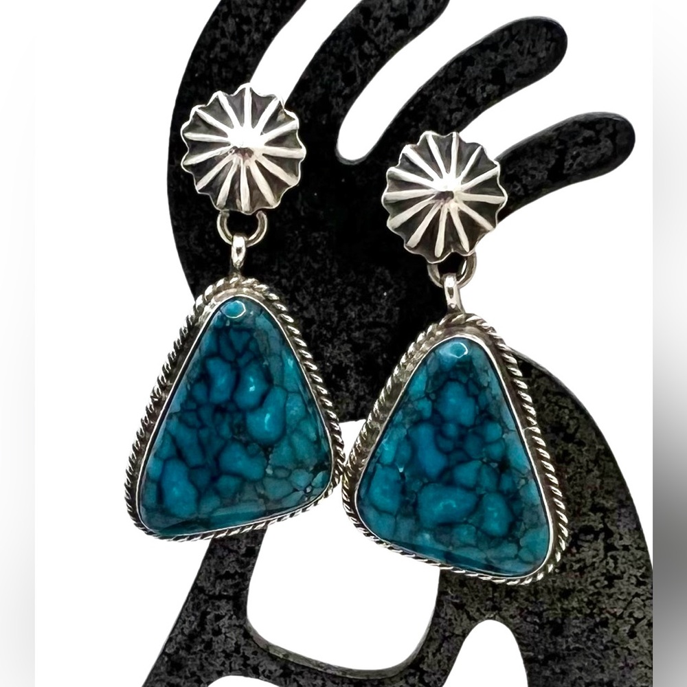 Geneva Apachito Navajo Sterling Natural Spiderweb Turquoise Dangle Earrings
